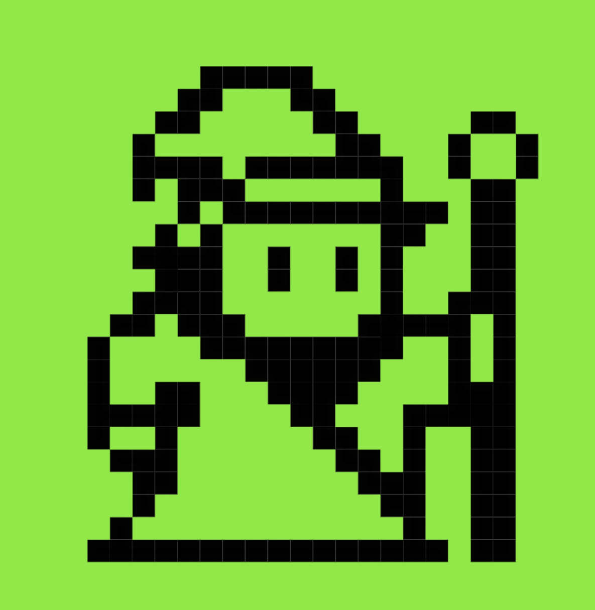 WOZCODE pixel-art wizard on brand green