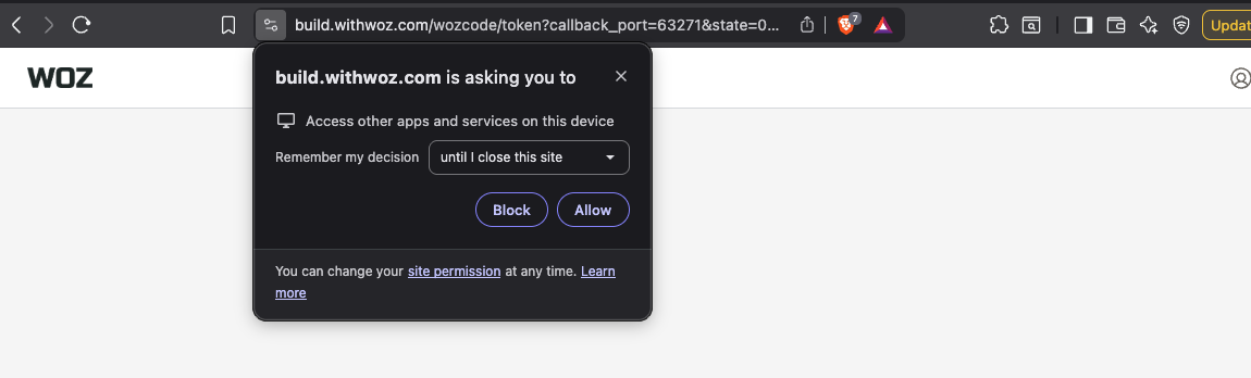 Browser permission dialog asking to allow build.withwoz.com access